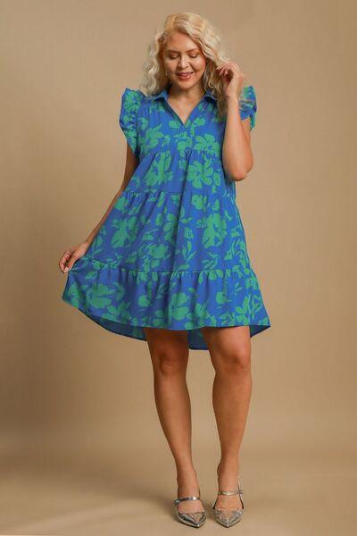 Umgee Full Size Floral Print Ruffle Cap Sleeve Tiered Dress Plus Size - Clothes For Her Online Store