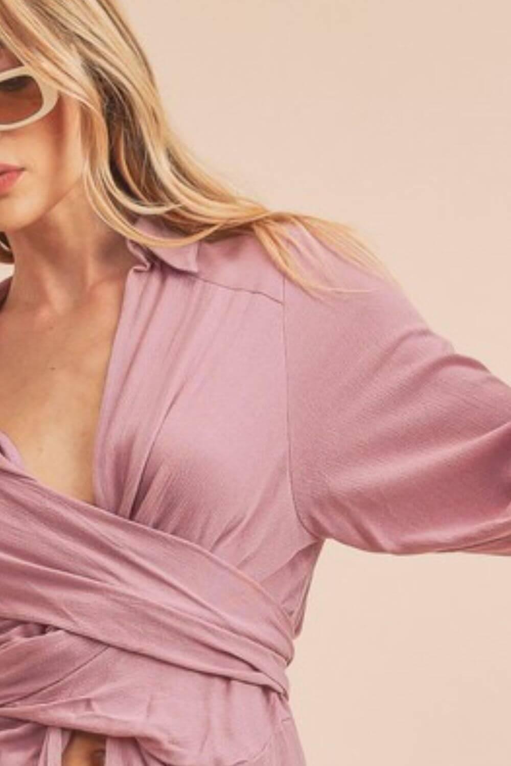 Aemi + Co Tied Collared Neck Long Sleeve Top - Clothes For Her Online Store