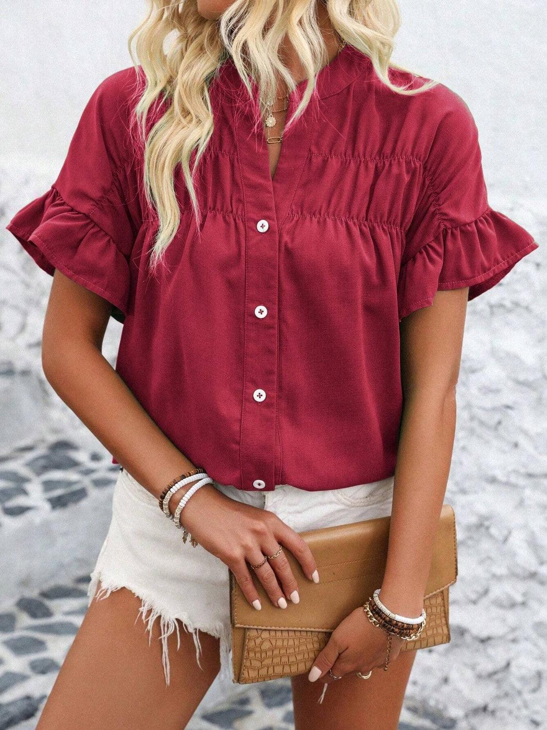 Button Down Ruffled Short Sleeve Shirt - Clothes For Her Online Store