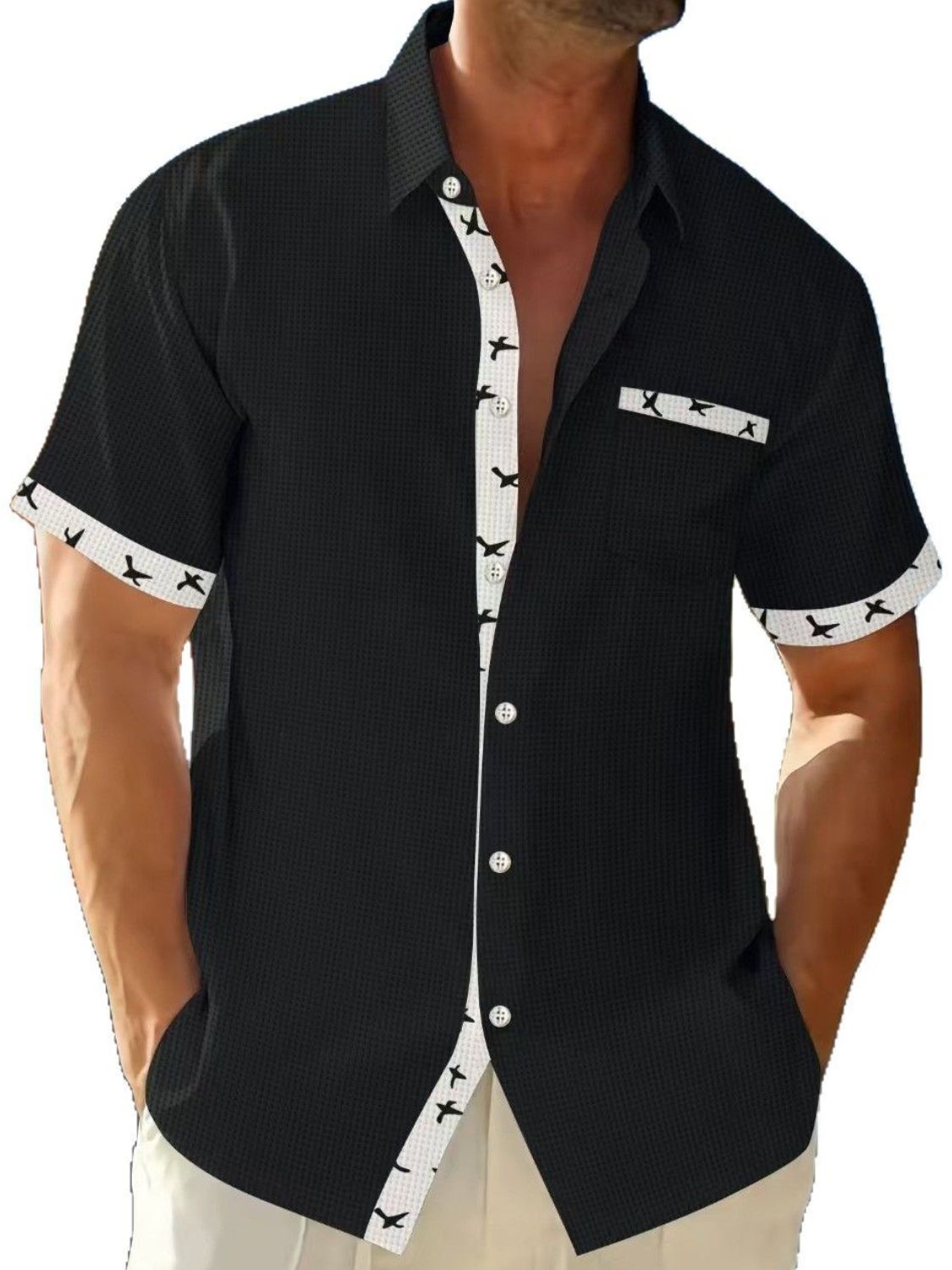Men's Full Size Contrast Trim Waffle Knit Short Sleeve Shirt Plus Size - Clothes For Her Online Store