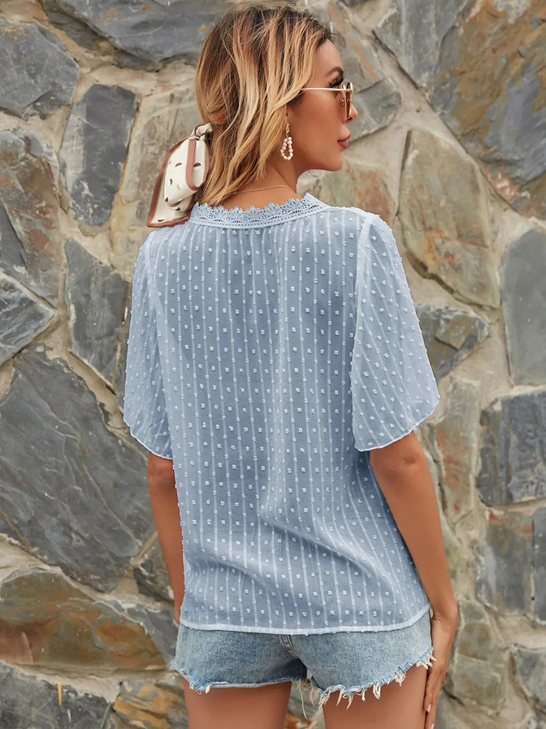 Lace Detail V-Neck Siwss Dot Blouse