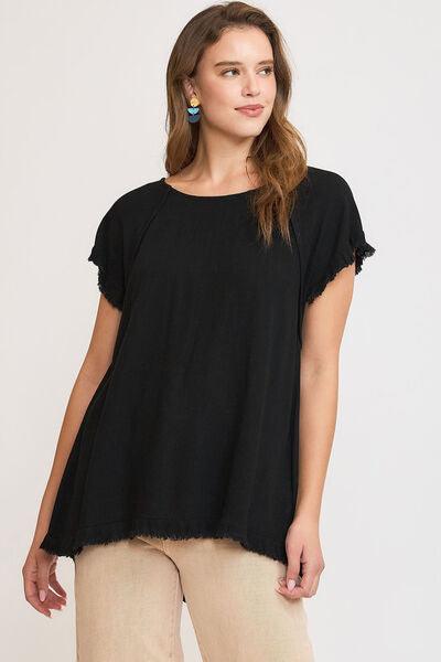 Umgee Full Size Seam Detail Linen Ruffle Fringe Edge Top Plus Size - Clothes For Her Online Store