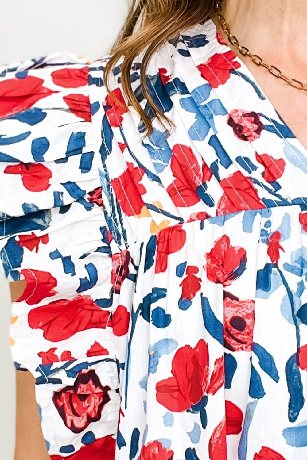 Ruffled Printed V-Neck Cap Sleeve Blouse - Clothes For Her Online Store