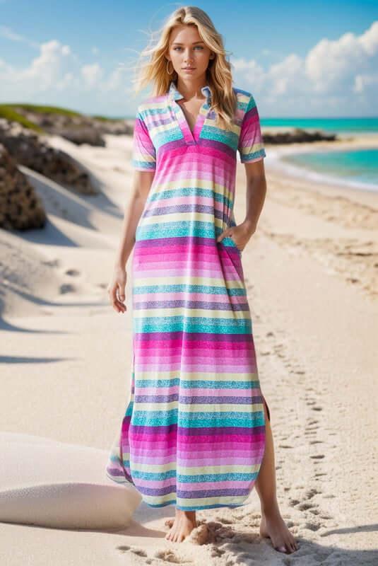 Heimish Full Size Striped Short Sleeve Maxi Tee Dress Plus Size - Clothes For Her Online Store