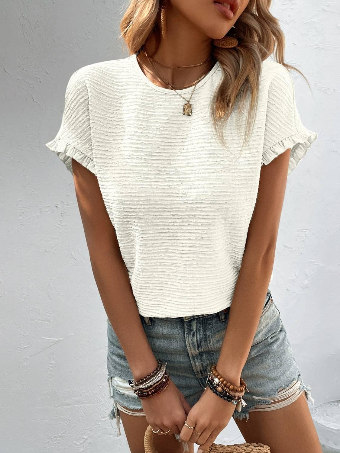 Texture Round Neck Short Sleeve T-Shirt - Clothes For Her Online Store