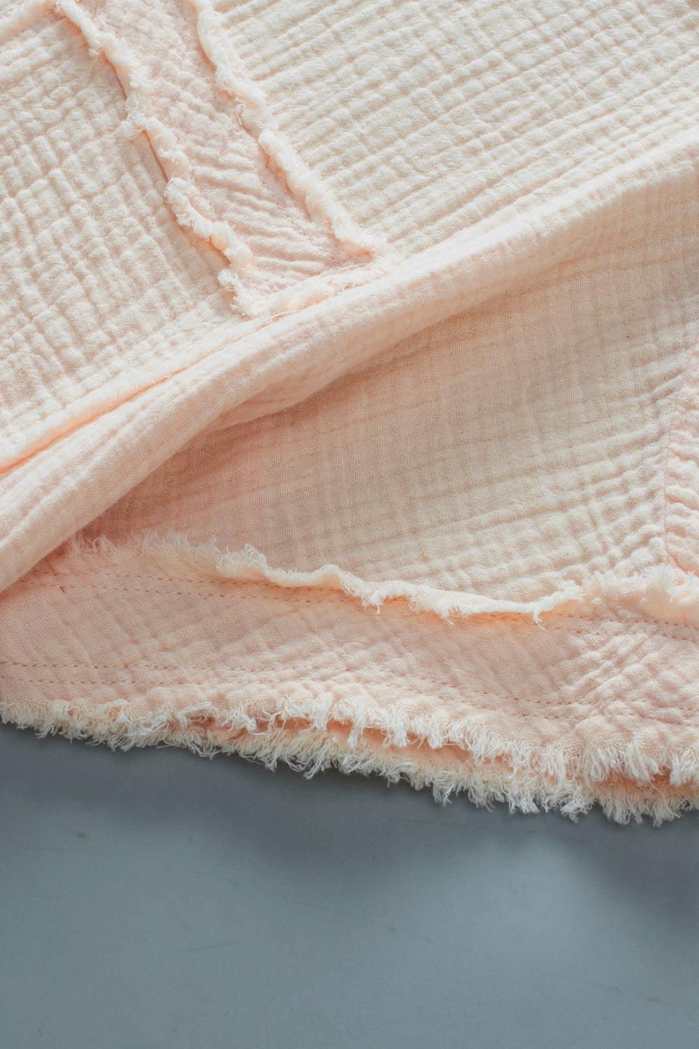 Textured Frayed Trim Half Button Short Sleeve Top - Clothes For Her Online Store