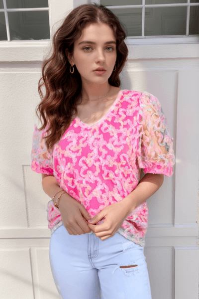 Bonbon Flowery Mesh Short Puff Sleeve Blouse - Clothes For Her Online Store