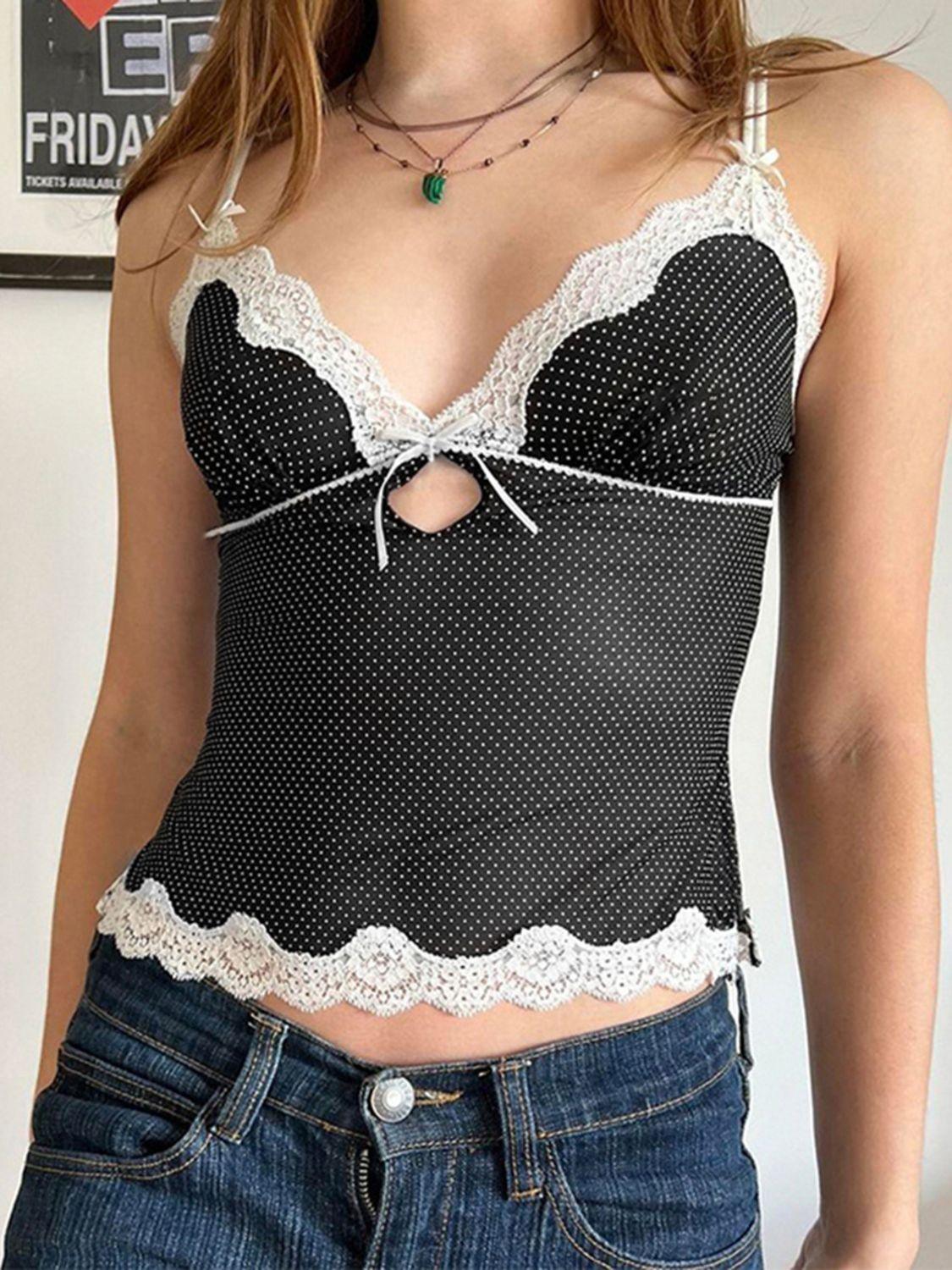 Devine Lace Detail Polka Dot V-Neck Cami - Clothes For Her Online Store