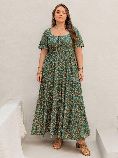Plus Size Printed Short Sleeve Tiered Maxi Dress - Clothes For Her Online Store