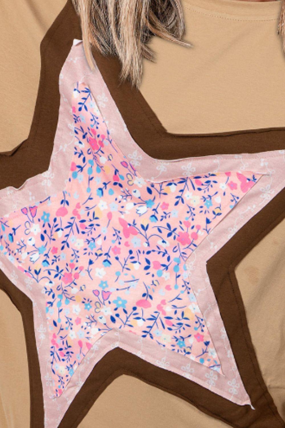 Star Applique Patch Round Neck T-Shirt - Clothes For Her Online Store