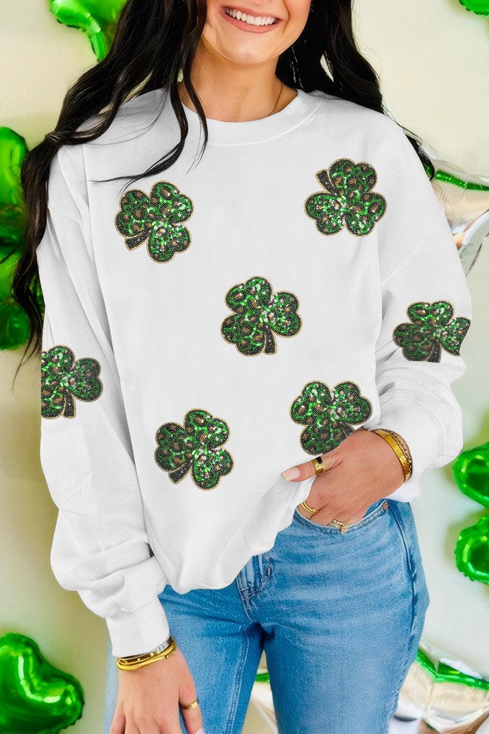 Sequin Lucky Clover Long Sleeve Sweatshirt - Clothes For Her Online Store