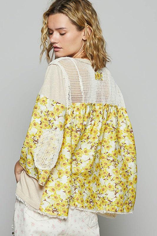 POL Washed Floral Print Crochet Detail Top - Clothes For Her Online Store