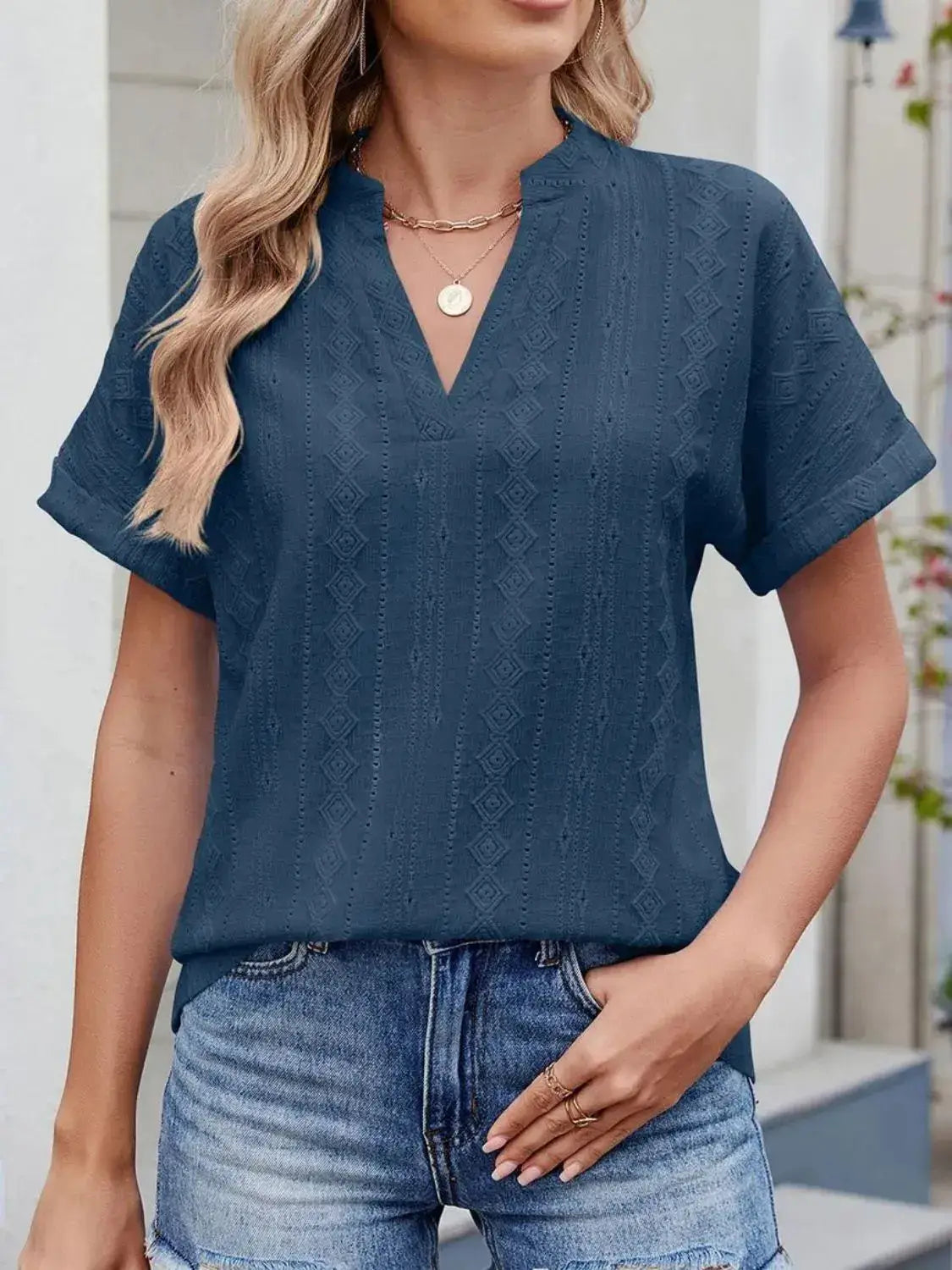 Eyelet Notched Short Sleeve Top - Clothes For Her Online Store