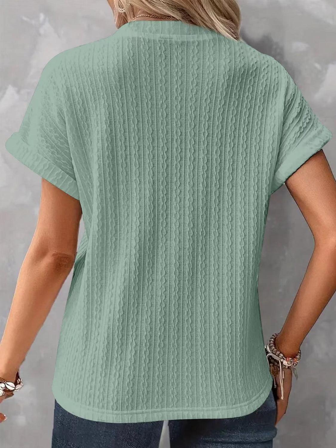 Textured Notched Short Sleeve Top - Clothes For Her Online Store
