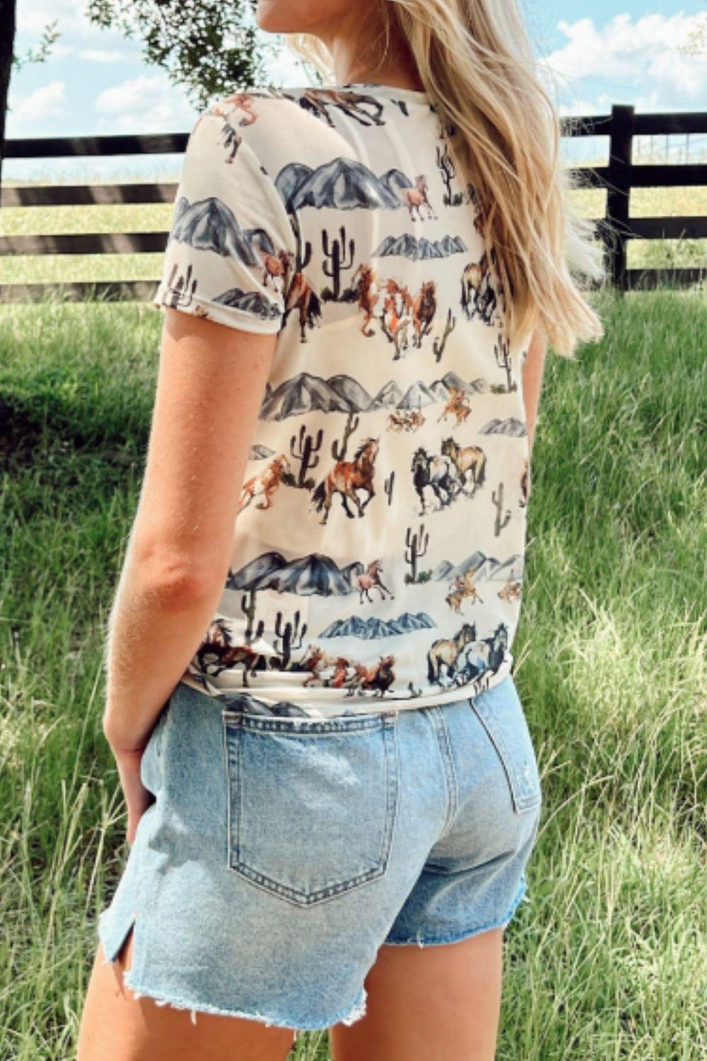 Western Fashion Mustang River Printed Mesh T Shirt - Clothes For Her Online Store