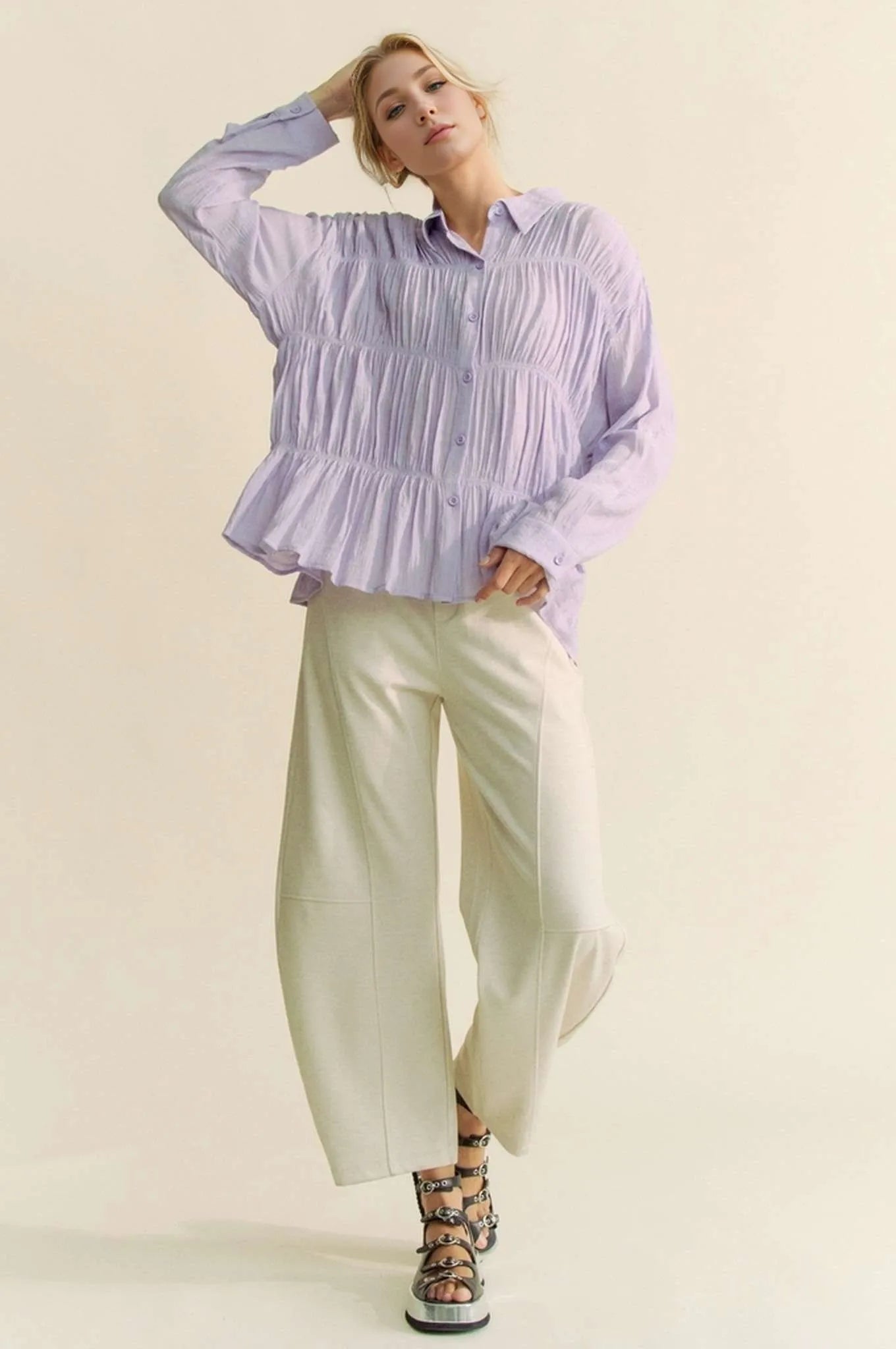 Davi & Dani Ruched All Over Button Front Shirt