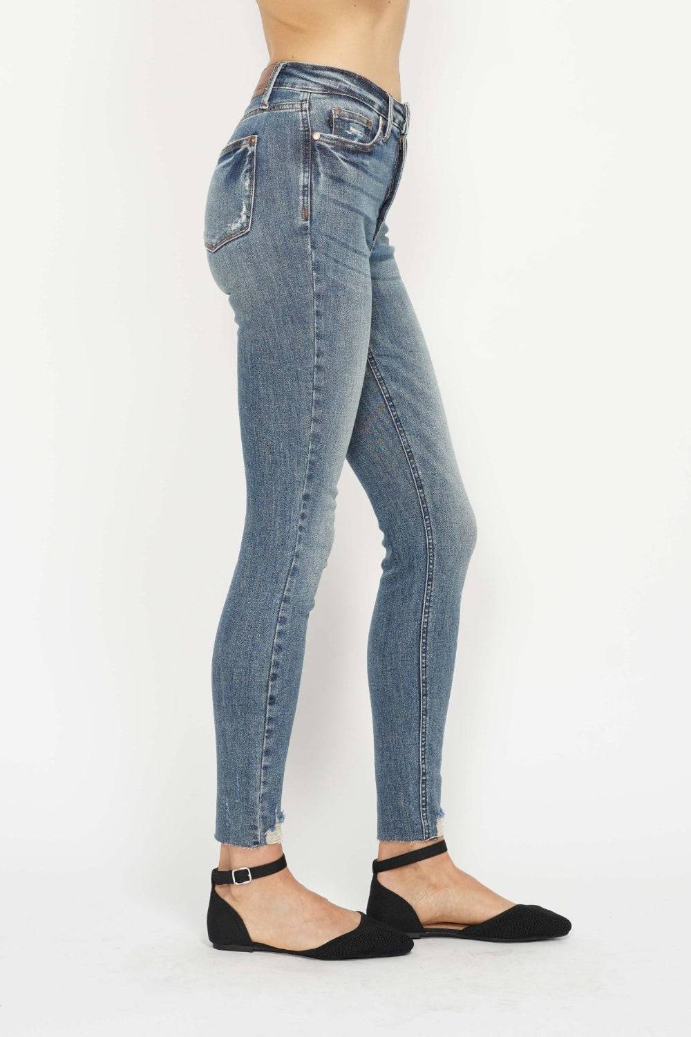 Judy Blue Full Size Tummy Control Vintage Wash Hem Destroy Skinny Jeans - Clothes For Her Online Store