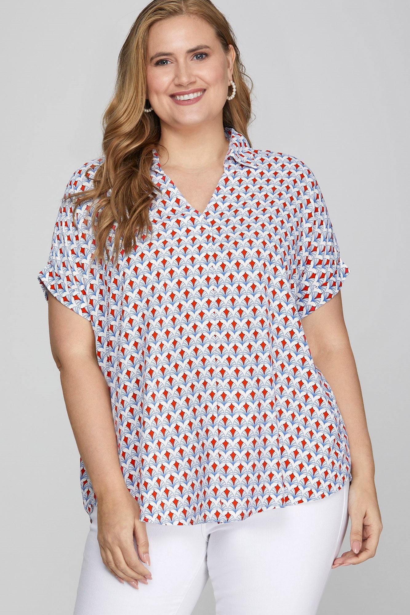 She + Sky Full Size Printed Johnny Collar Short Sleeve Blouse Plus Size - Clothes For Her Online Store