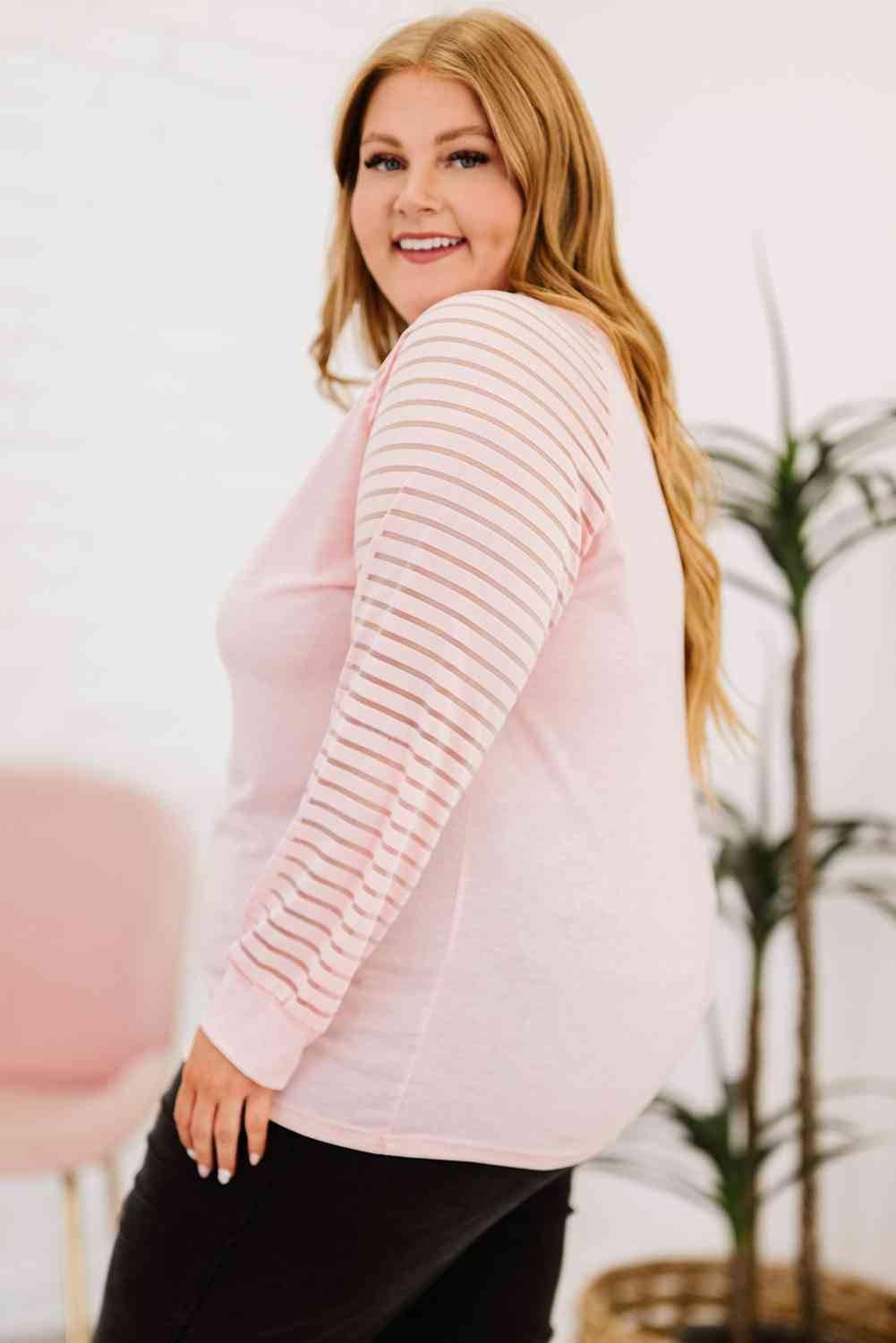 Plus Size Sheer Striped Sleeve V-Neck Top - Clothes For Her Online Store