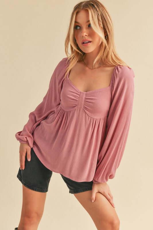 Aemi + Co Ruched Sweetheart Neck Balloon Sleeve Blouse - Clothes For Her Online Store
