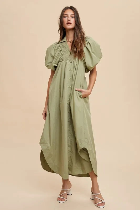 Annie Wear Smocked Puff Sleeve Midi Dress