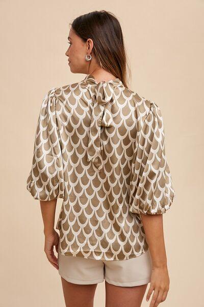 Annie Wear Tie Back Abstract Print Mock Neck Half Sleeve Blouse - Clothes For Her Online Store