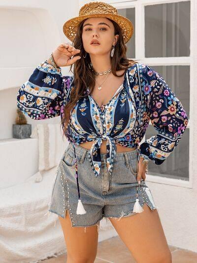 Plus Size Tie Neck Tassel Printed Blouse - Clothes For Her Online Store