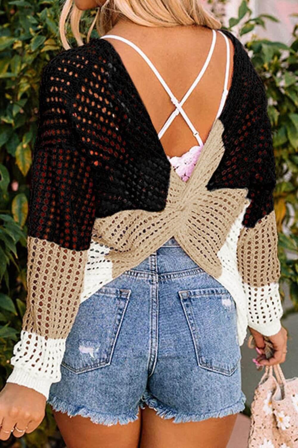 Twisted Back Color Block Long Sleeve Knit Cover Up - Clothes For Her Online Store