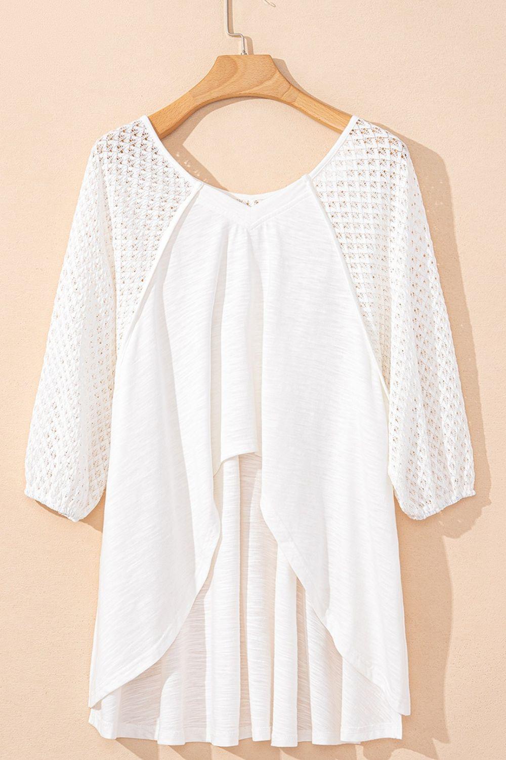 Openwork High Low Hem V Neck Oversized Top - Clothes For Her Online Store