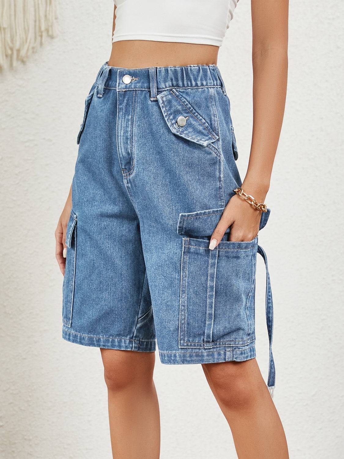 Buttoned Elastic Waist Denim Shorts with Pockets - Clothes For Her Online Store