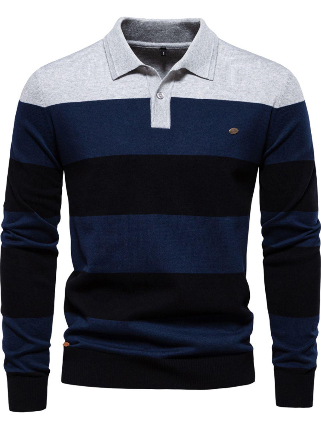 Men's Striped Long Sleeve Knit Polo - Clothes For Her Online Store
