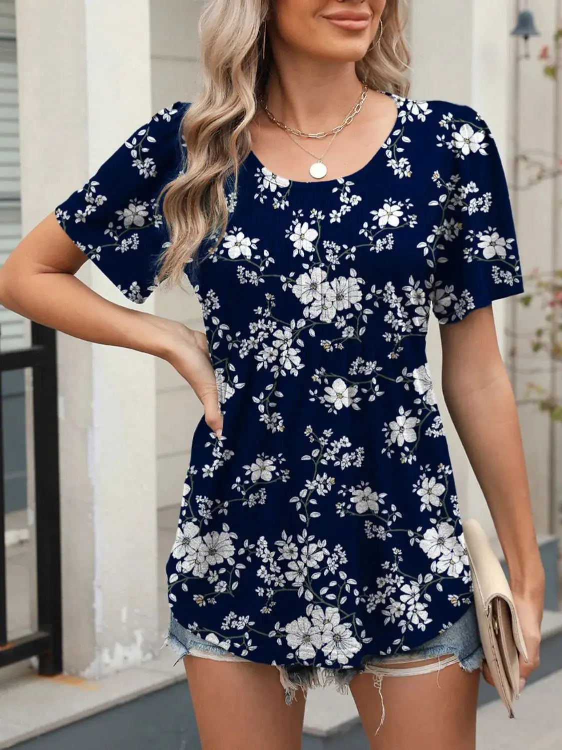 Floral Round Neck Short Sleeve Top - Clothes For Her Online Store