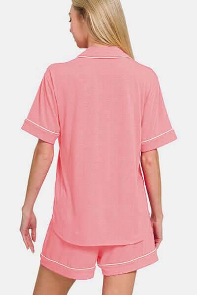 Zenana Button Down Short Sleeve Top and Shorts Lounge Set - Clothes For Her Online Store