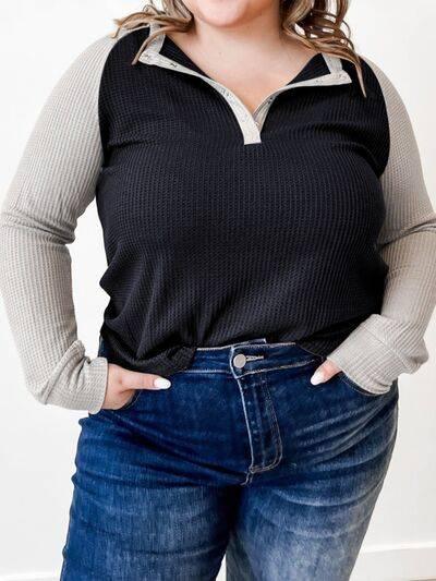 Plus Size Waffle-Knit Half Snap Long Sleeve Shirt - Clothes For Her Online Store