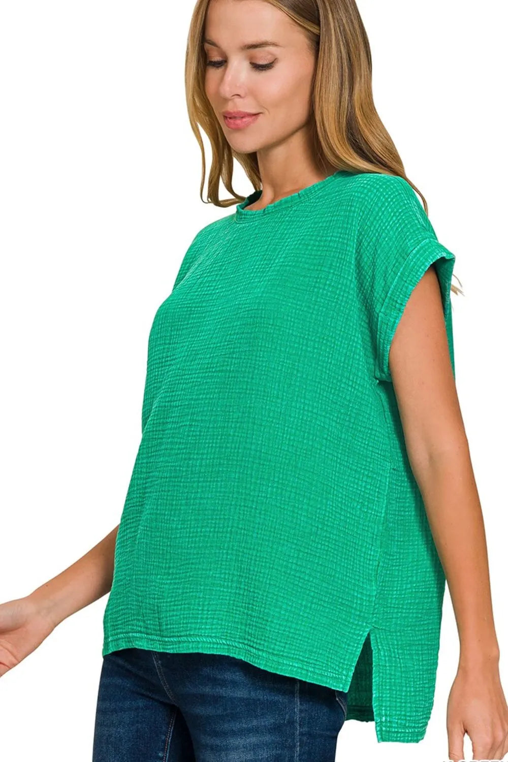 Zenana Woven Double Gauze Acid Washed Short Sleeve Top