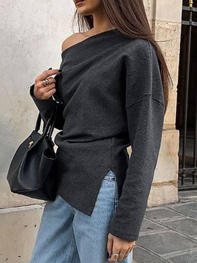 Side Slit One Shoulder Long Sleeve Top - Clothes For Her Online Store
