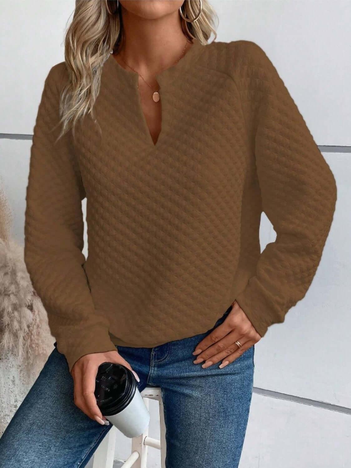 Notched Long Sleeve Sweatshirt - Clothes For Her Online Store