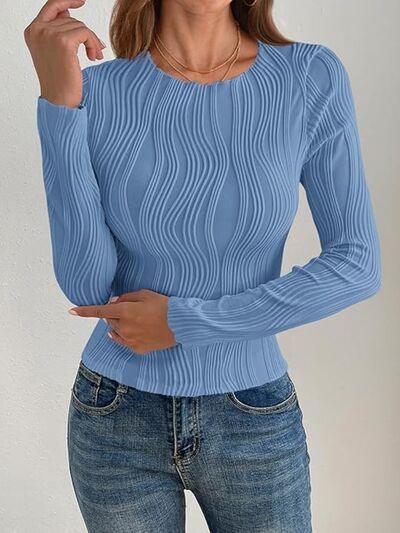 Textured Round Neck Long Sleeve Top - Clothes For Her Online Store