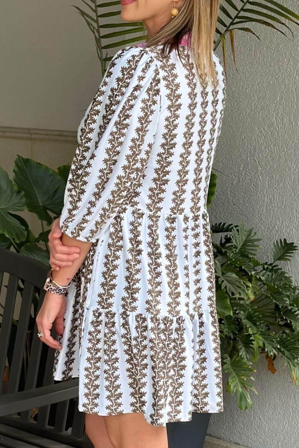 Printed Notched 3/4 Sleeve Mini Dress - Clothes For Her Online Store