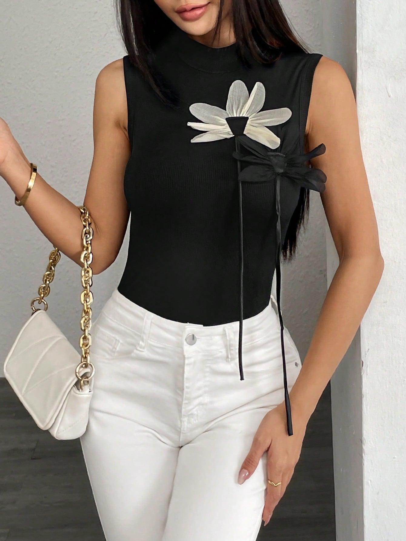 Flower Mock Neck Tank - Clothes For Her Online Store