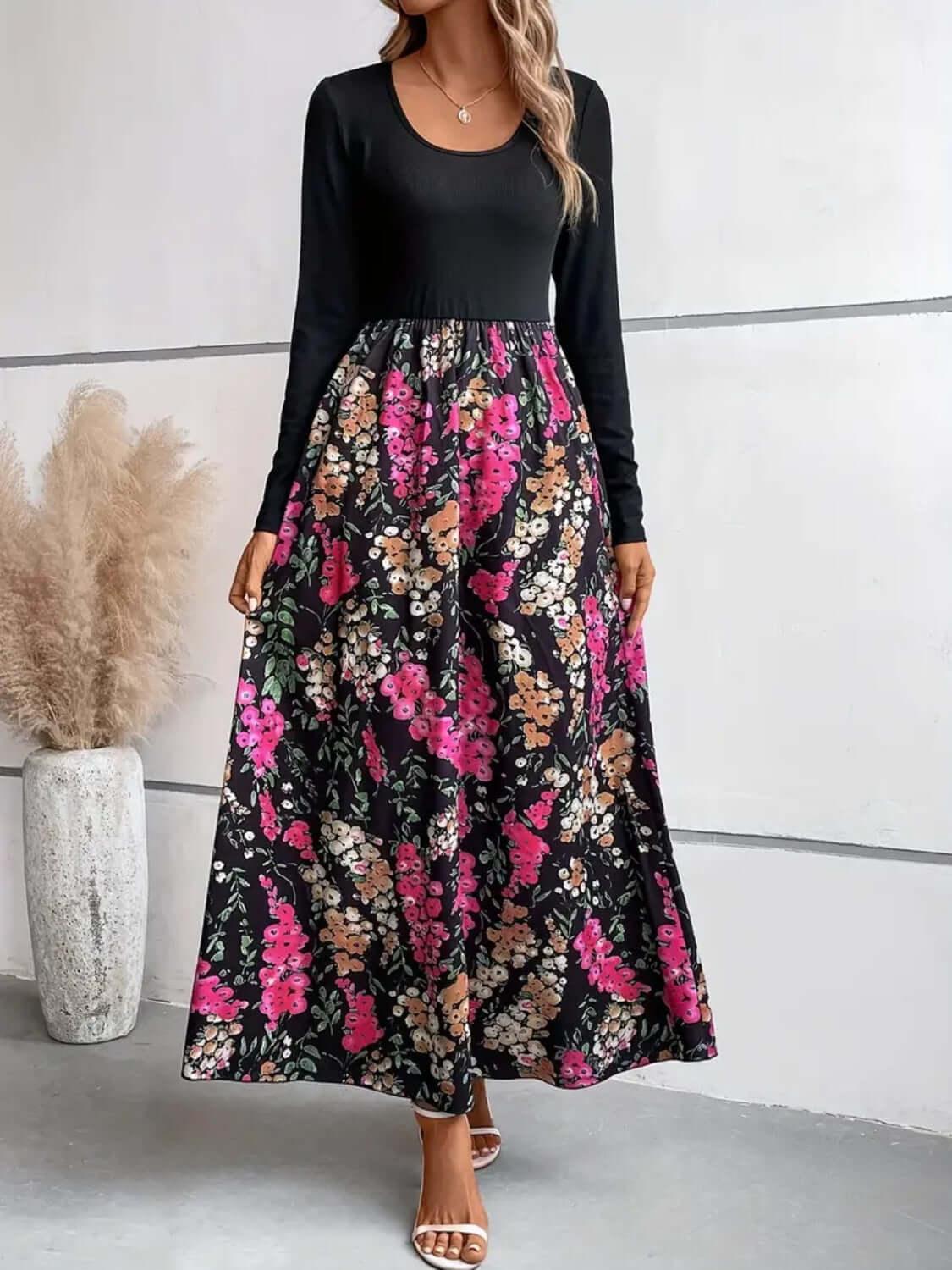 Floral Round Neck Long Sleeve Maxi Dress - Clothes For Her Online Store