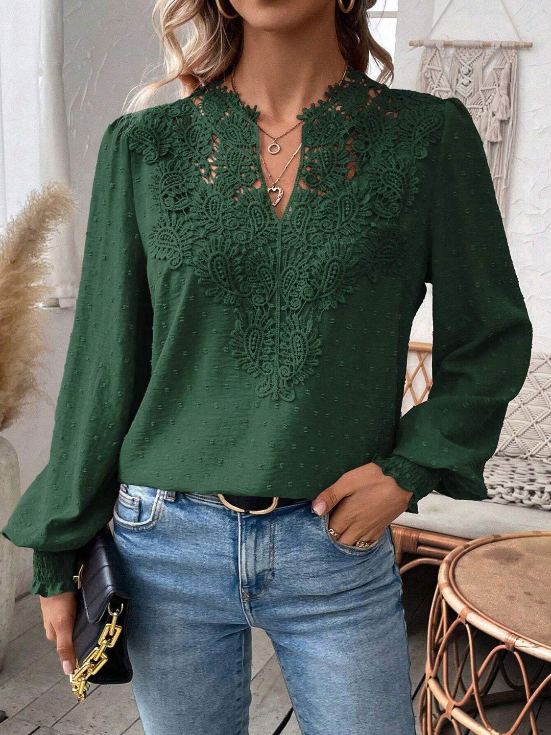 Swiss Dot Lace Detail Notched Long Sleeve Blouse - Clothes For Her Online Store