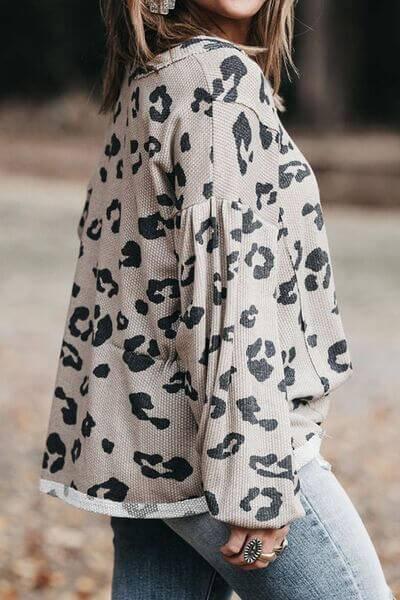 Plus Size Leopard V-Neck Dropped Shoulder T-Shirt - Clothes For Her Online Store