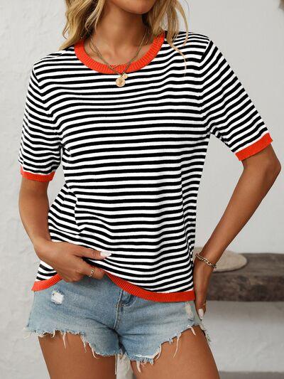 Mandy Striped Round Neck Half Sleeve Knit Top - Clothes For Her Online Store