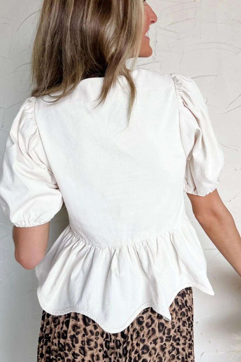 Bow Knot Decor Square Neck Puff Sleeve Peplum Top