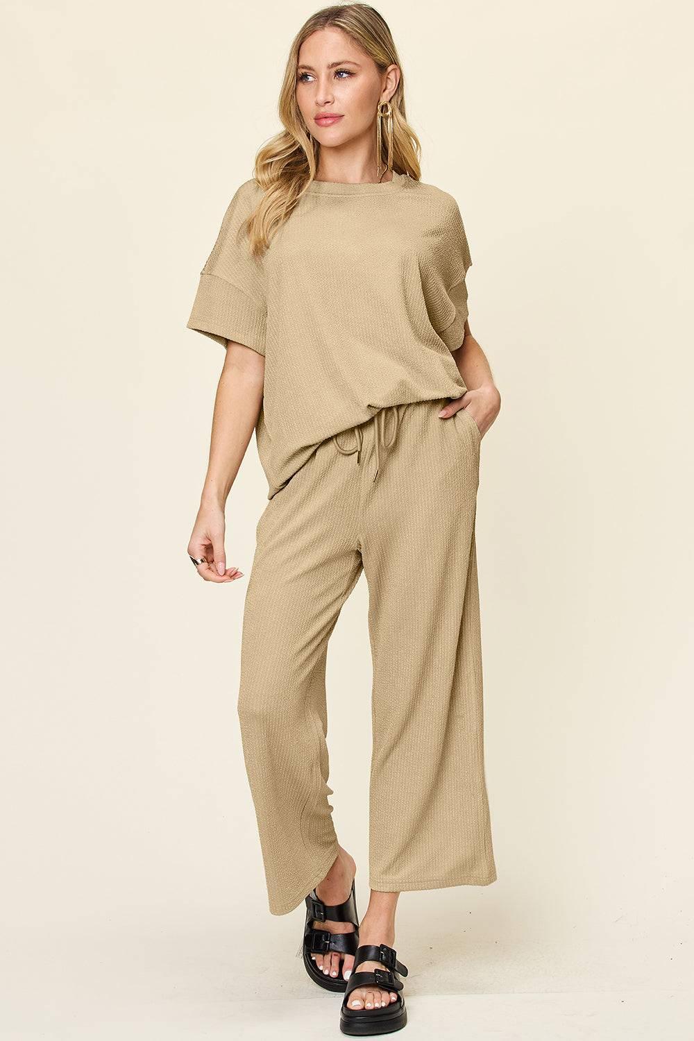 Double Take Full Size Texture Round Neck Short Sleeve T-Shirt and Wide Leg Pants - Clothes For Her Online Store