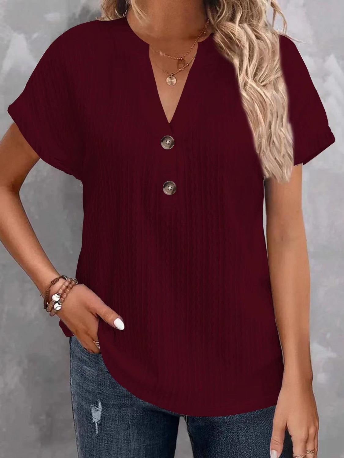 Textured Notched Short Sleeve Top - Clothes For Her Online Store