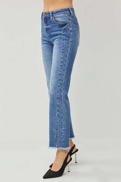 RISEN High Waist Raw Hem Slit Straight Jeans - Clothes For Her Online Store