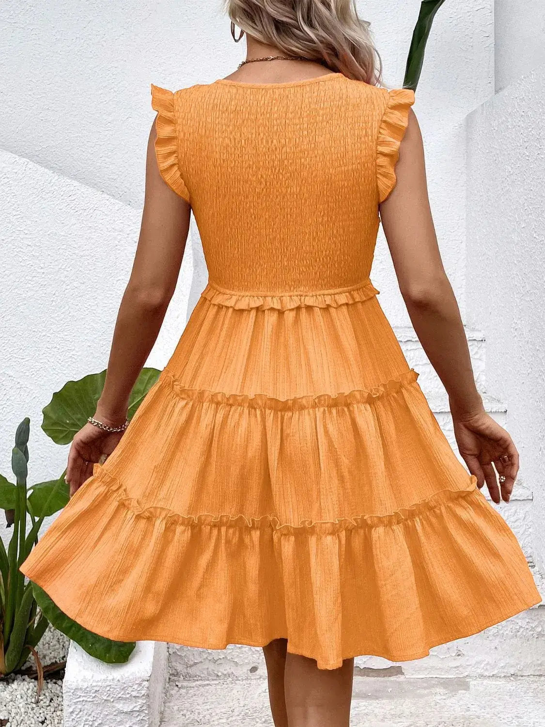 Ruffled V-Neck Cap Sleeve Dress