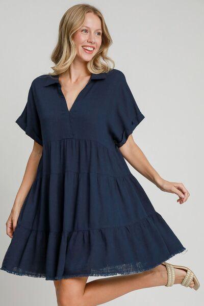 Umgee Full Size Raw Hem Folded Sleeve Tiered Dress Plus Size - Clothes For Her Online Store